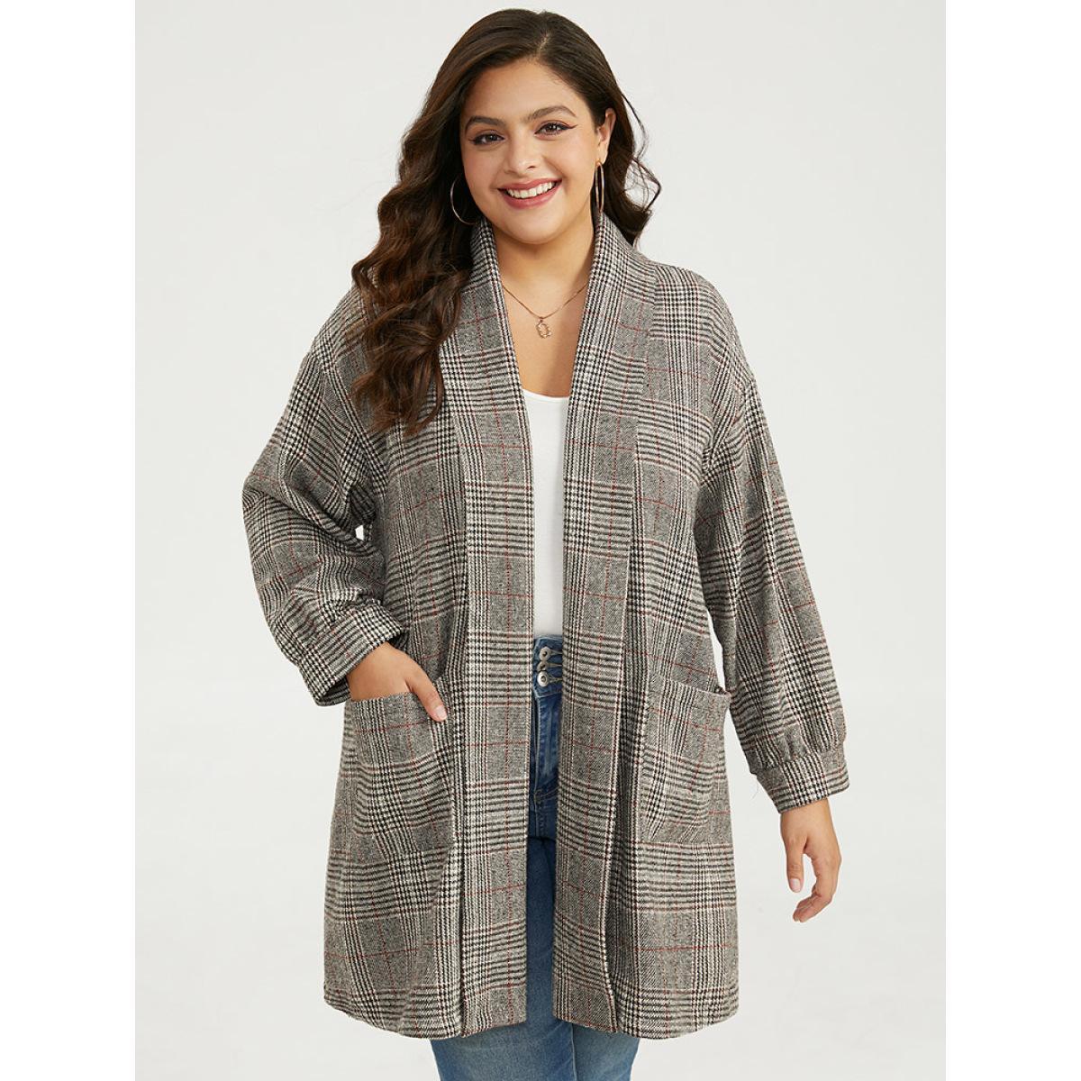 Plus Size Plaid Lapel Collar Patched Pocket Coat Women Tan Casual Texture Ladies Dailywear Winter Coats BloomChic 18-20/2X Product Image