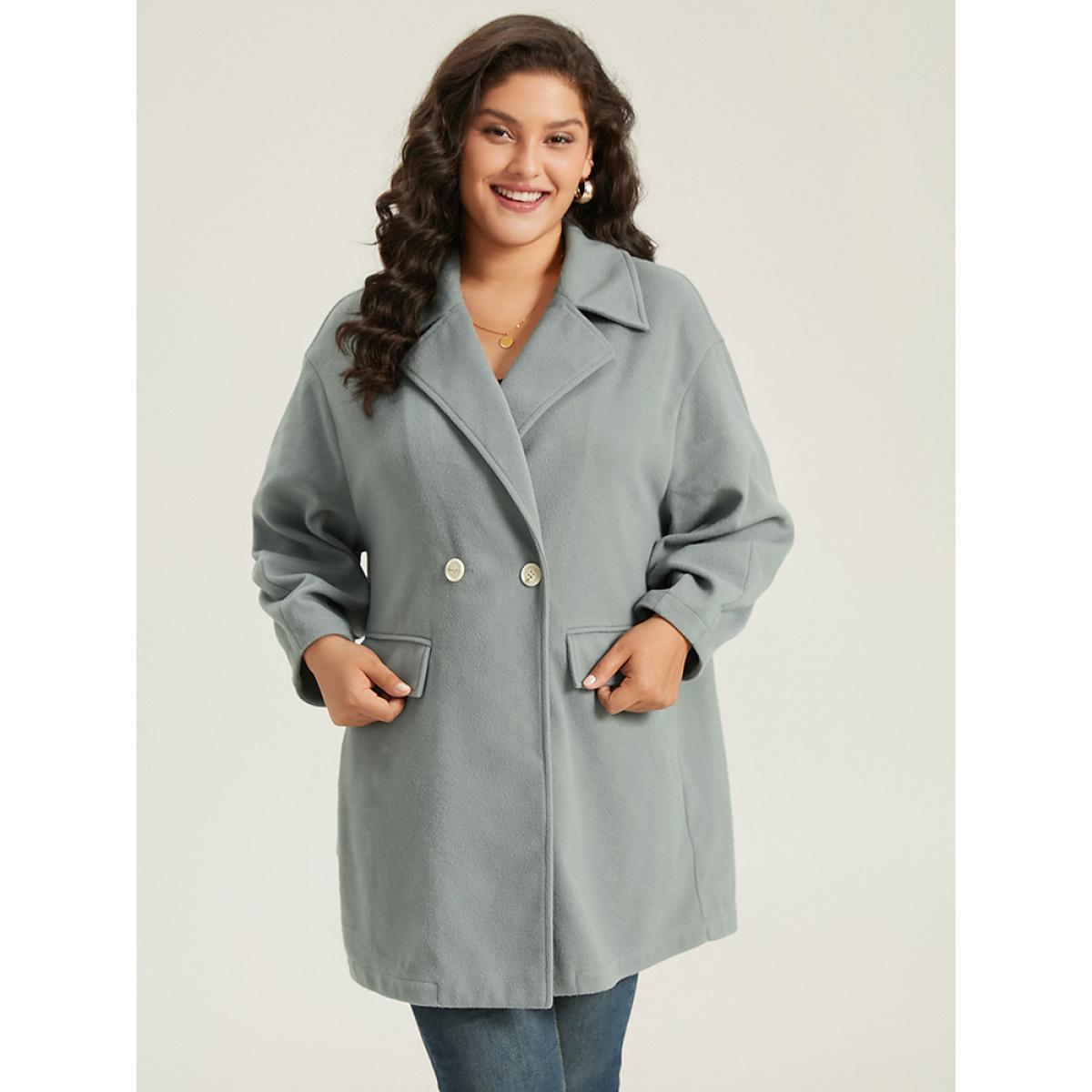 Plus Size Button Fly Flap Pocket Lantern Sleeve Coat Women Silver Office Plain Ladies Work Winter Coats BloomChic 12/L Product Image
