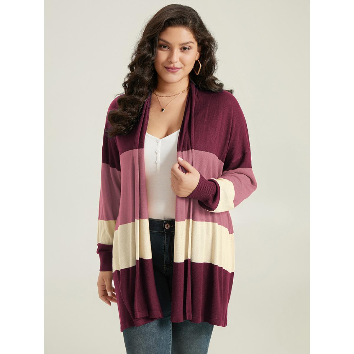Plus Size Supersoft Essentials Colorblock Contrast Cardigan Burgundy Women Casual Loose Long Sleeve Dailywear Cardigans BloomChic 14-16/1X Product Image