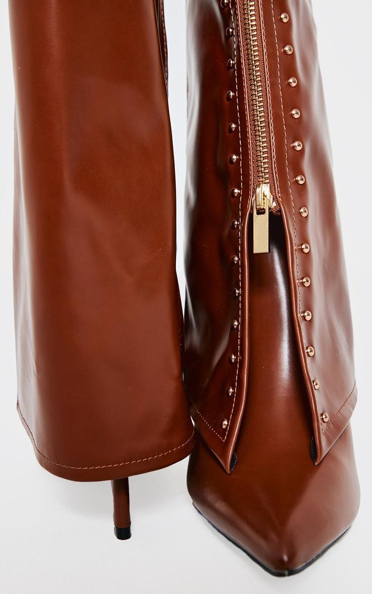 Brown PU Point Toe Gold Stud Fold Over High Stiletto Heeled Boots Product Image