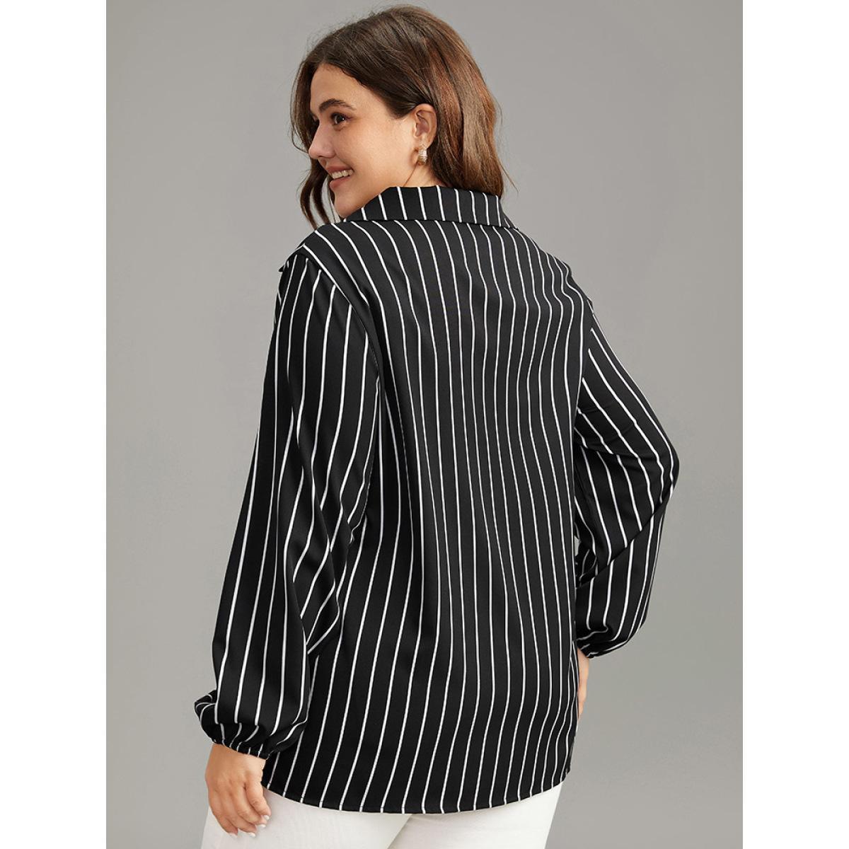 Plus Size Black Striped Shirt Collar Lantern Sleeve Blouse Women Office Long Sleeve Shirt collar Work Blouses BloomChic 28/5X Product Image