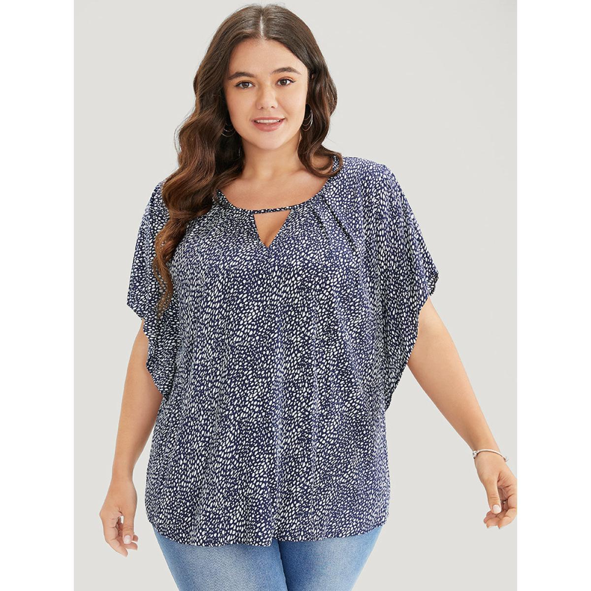 Plus Size Indigo Polka Dot Ruffle Sleeve Keyhole Neck Blouse Women Elegant Short sleeve Round Neck Dailywear Blouses BloomChic 10/M Product Image