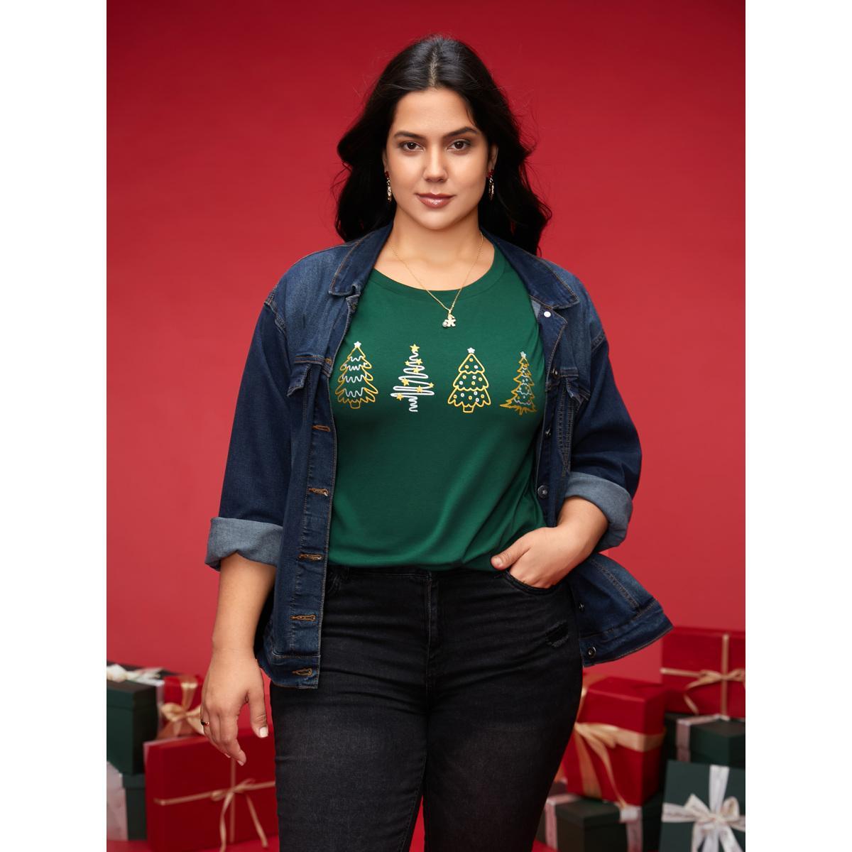 Plus Size Shimmering Trees Half Sleeves Slim-Fit Tee DarkGreen Women Casual Non Christmas Round Neck Everyday T-shirts BloomChic 18-20/2X Product Image