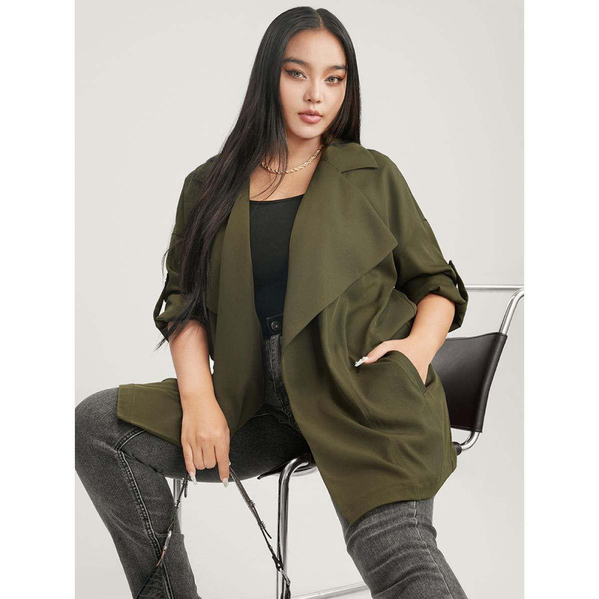 Plus Size Solid Pocket Roll Sleeve Waterfall Collar Coat Women ArmyGreen Casual Pocket Ladies Dailywear Winter Coats BloomChic 18-20/2X Product Image