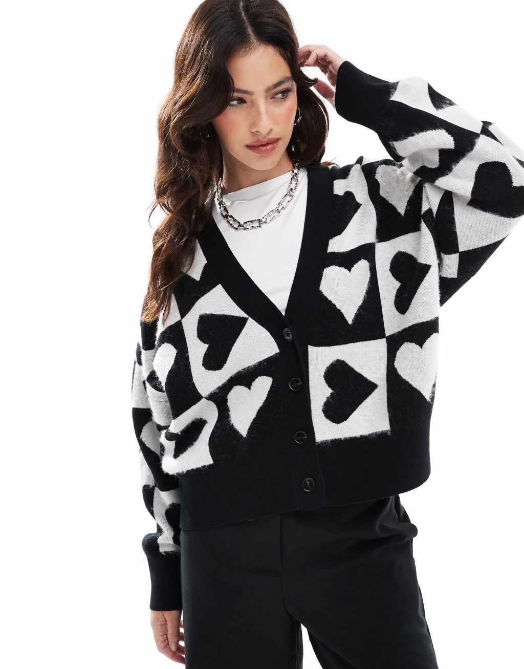 French Connection knitted cardigan with love hearts in black and white Product Image