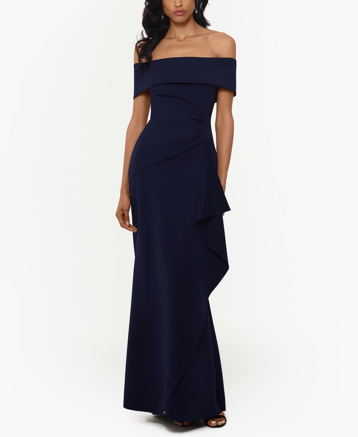 Xscape Petite Size Ruffled Off-the-Shoulder Short Sleeve Crepe Sheath Gown Product Image