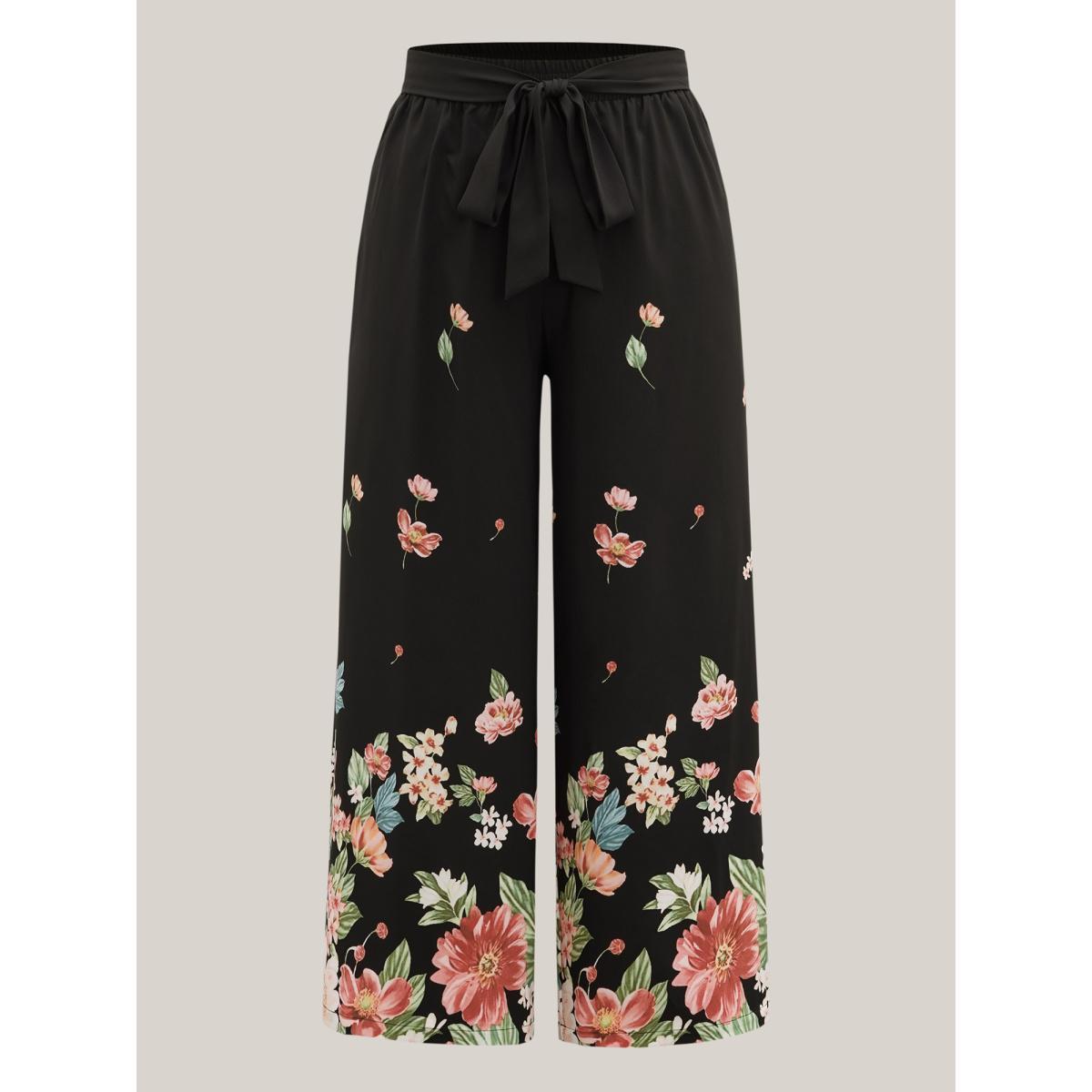 Plus Size Floral Print Belted Wide-Leg Pants Women BlackFlower Resort Wide Leg Mid Rise Vacation Pants BloomChic 30/6X Product Image