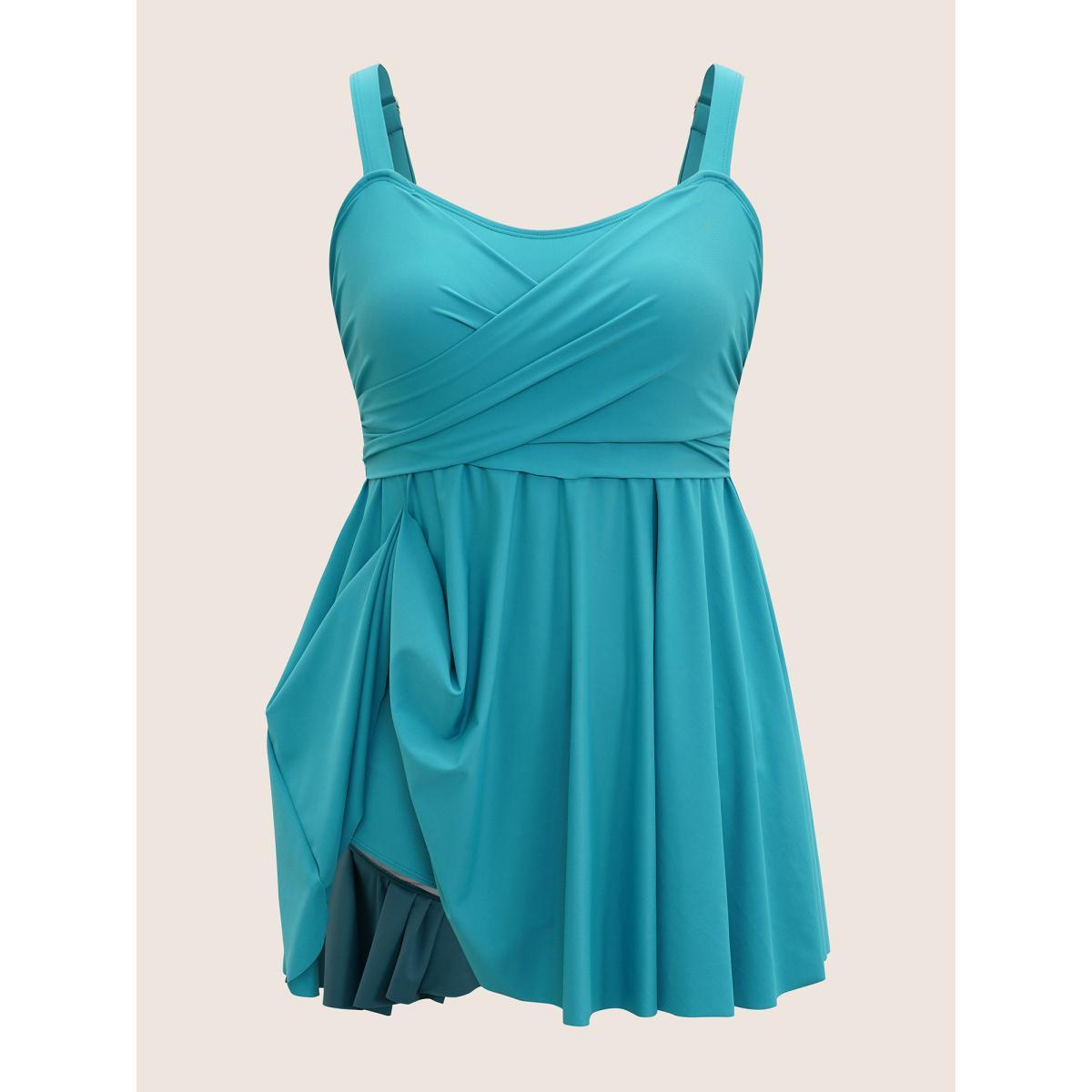 Plus Size Plain Crossover Gathered Detail Swim Dress Women's Swimwear Teal Beach Bodycon Heart neckline High stretch Curve Swim Dresses BloomChic 18-20/2X Product Image