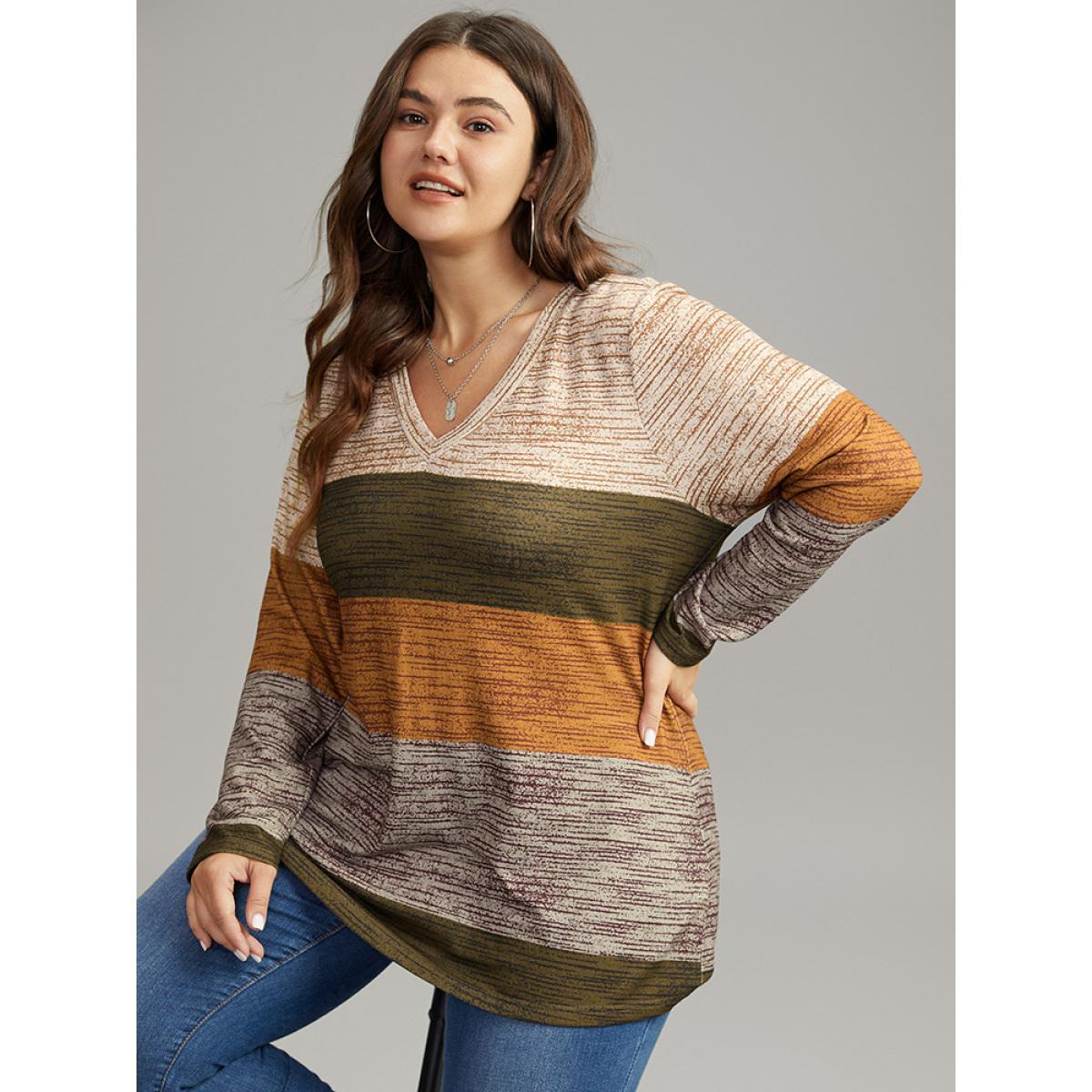 Plus Size Striped Colorblock Contrast V Neck T-shirt Multicolor Women Casual Contrast Colorblock V-neck Everyday T-shirts BloomChic 18-20/2X Product Image