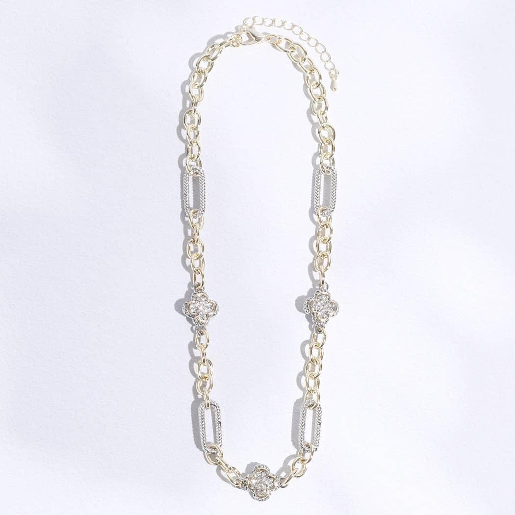 CZ Clover Pendant Multi-Toned Link Necklace Product Image