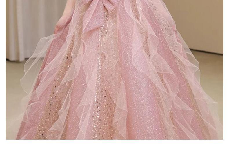 Sequin Bow Ruffle Mesh A-Line Tube Evening Gown Product Image