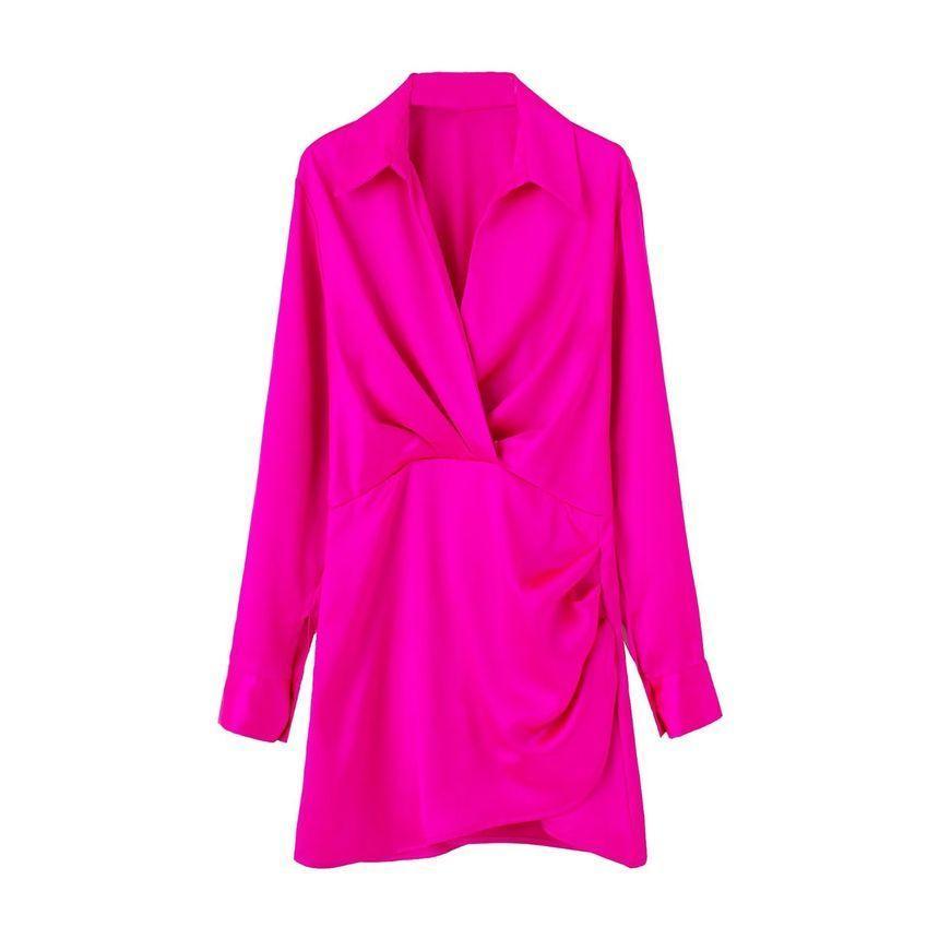 Long-Sleeve Plain Mini Bodycon Shirt Dress Product Image