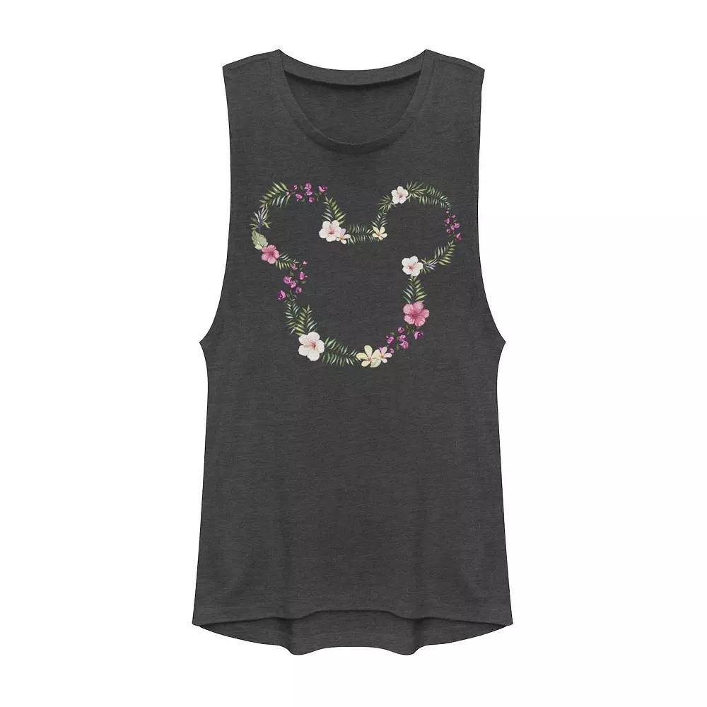Disney's Mickey Mouse Juniors' Floral Outline Muscle Graphic Tank Top, Girl's, Size: XXL, Grey Product Image