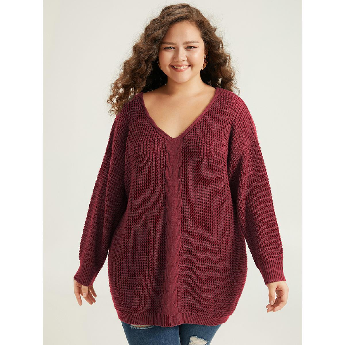 Plus Size Cable Knit Plain Elastic Cuffs Pullover Burgundy Women Casual Loose Long Sleeve V-neck Dailywear Pullovers BloomChic 18-20/2X Product Image