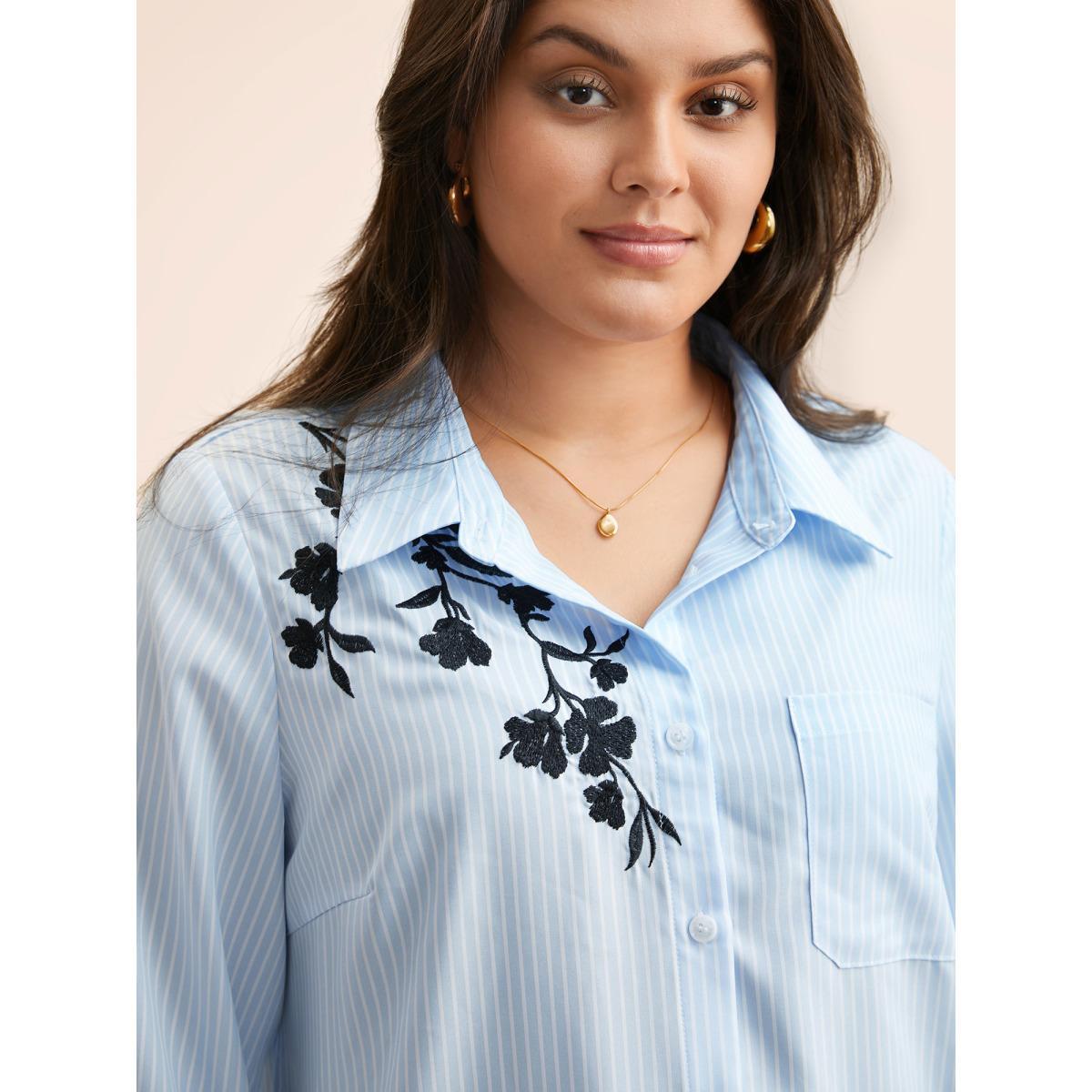 Plus Size LightBlue Floral Embroidered Striped Patched Pocket Blouse Women Elegant Elbow-length sleeve Shirt collar Everyday Blouses BloomChic 18-20/2X Product Image