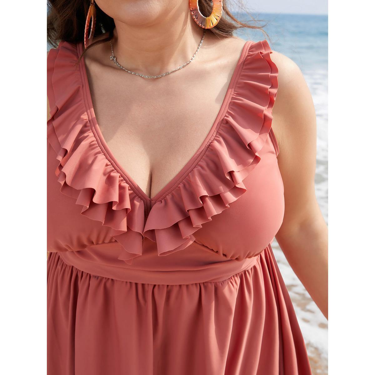 Plus Size Ruffle Trim Adjustable Straps Gathered Sculpt Waist Swim Dress Women's Swimwear Salmon Beach Bodycon V-neck High stretch Curve Swim Dresses BloomChic 22-24/3X Product Image