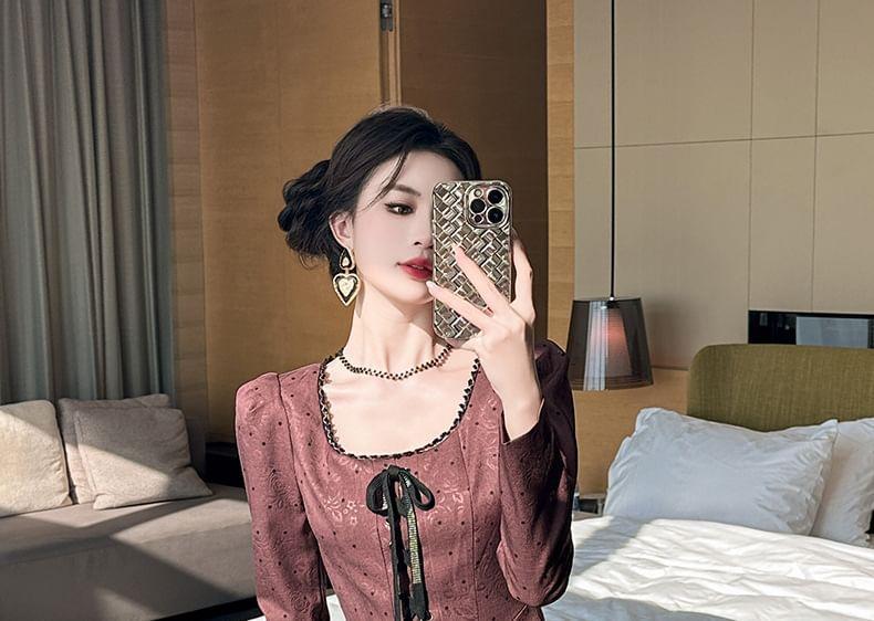 Long-Sleeve Scoop Neck Dotted Jacquard Bow Pleated Mini A-Line Dress Product Image