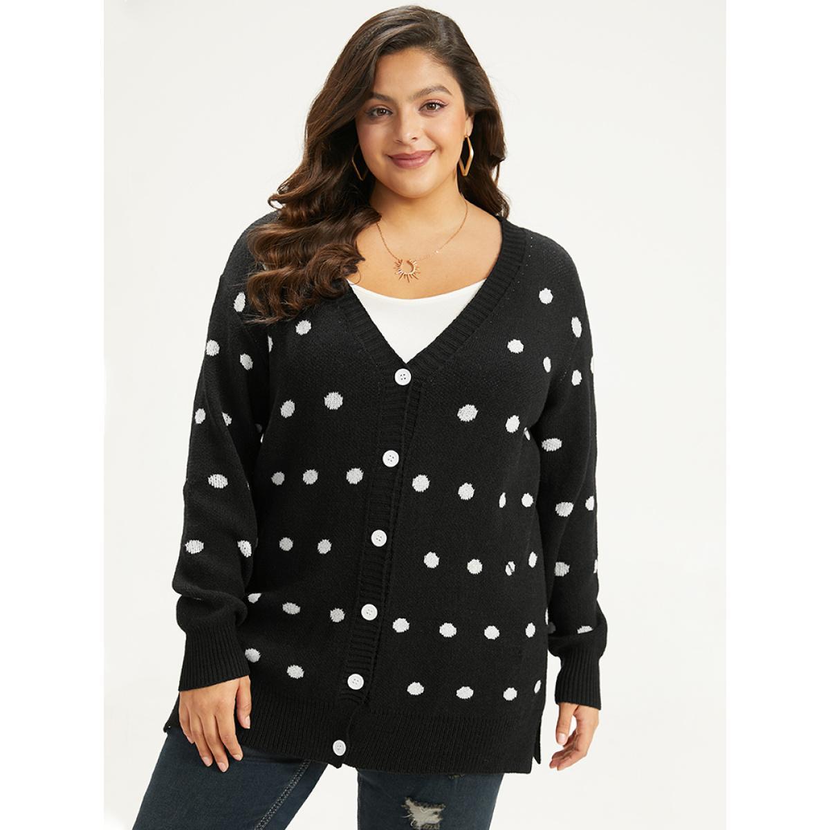 Plus Size Supersoft Essentials Polka Dot Split Side Cardigan Black Women Casual Loose Long Sleeve Dailywear Cardigans BloomChic 28/5X Product Image
