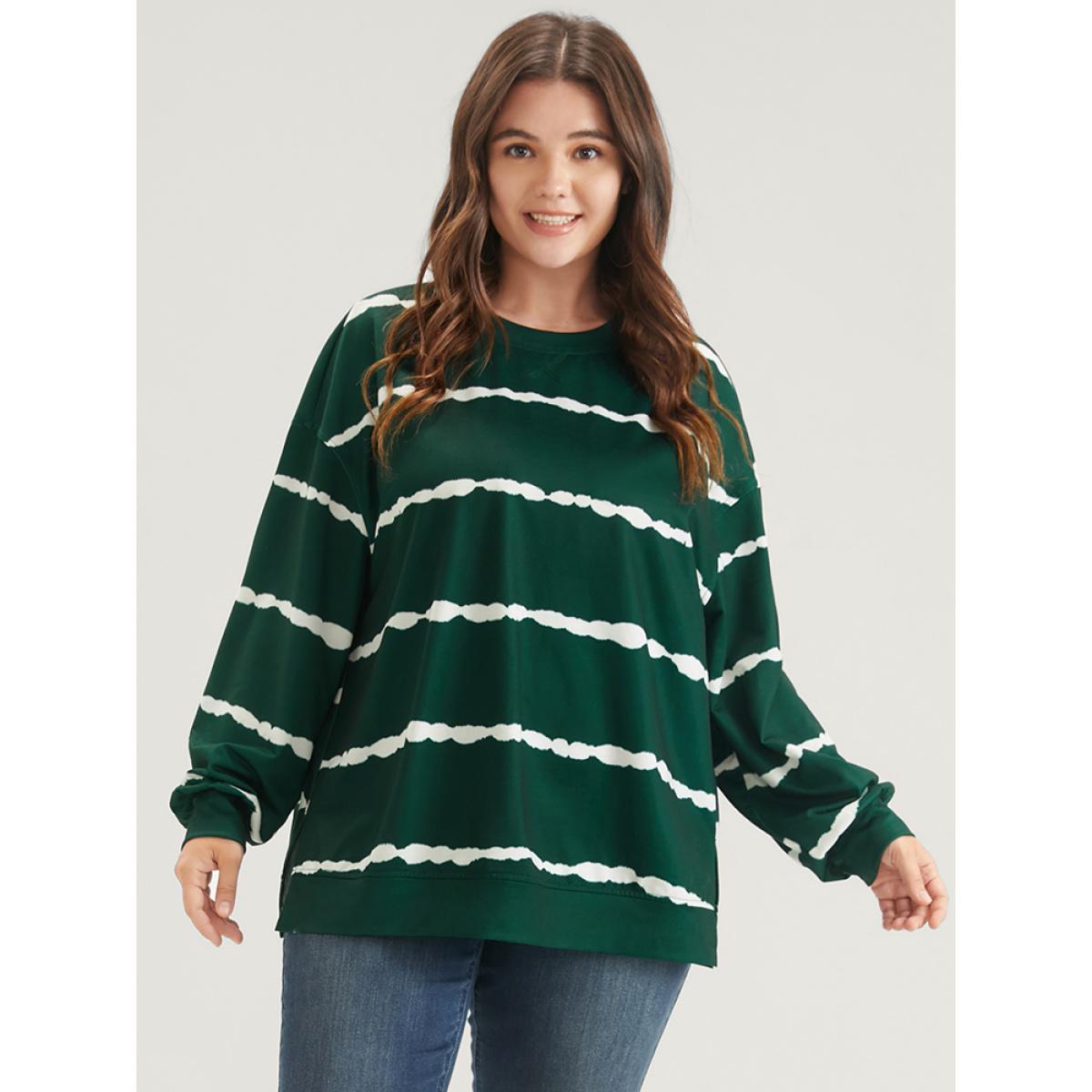 Plus Size Tie Dye Striped Side Split Drop Shoulder Sweatshirt Women Green Casual Tie Dye Loose Round Neck Dailywear Sweatshirts BloomChic 10/M Product Image