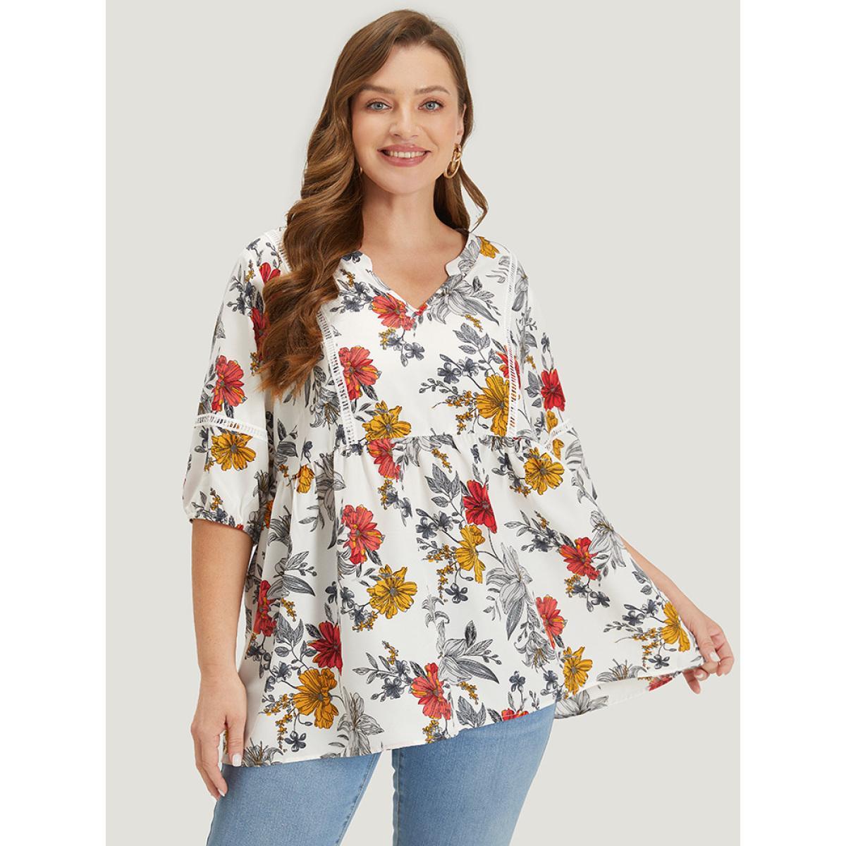 Plus Size White Floral Lantern Sleeve Lace Gathered Notched Blouse Women Elegant Elbow-length sleeve Notched collar Dailywear Blouses BloomChic 12/L Product Image