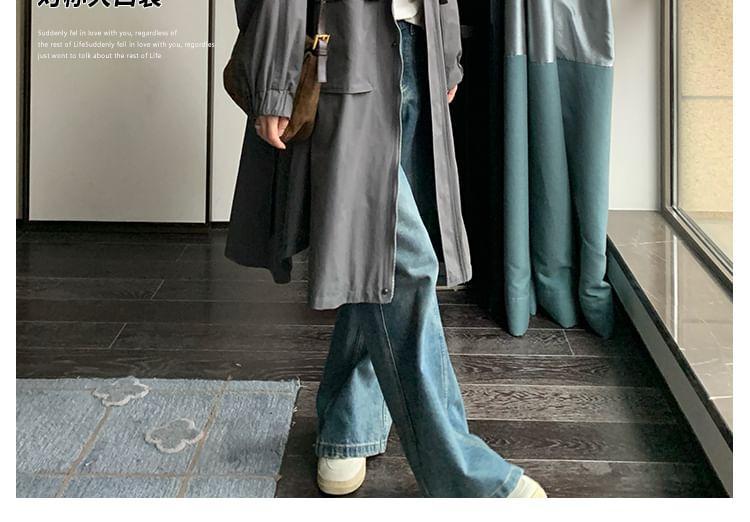 Collared Zip-Up Plain Long Coat Product Image