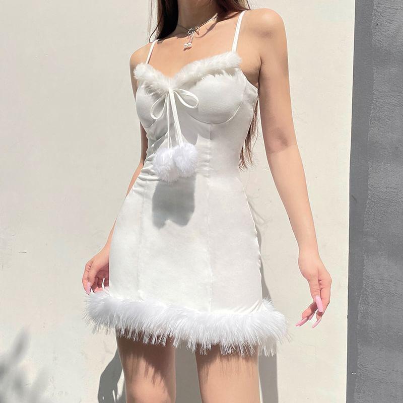 Spaghetti Strap Plain Fluffy Trim Bobble Mini Bodycon Dress Product Image