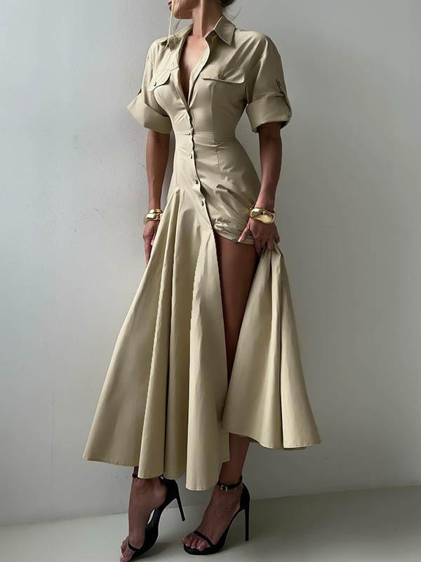 Short Sleeves Buttoned Solid Color Lapel Maxi Dresses Shirt Dress Product Image
