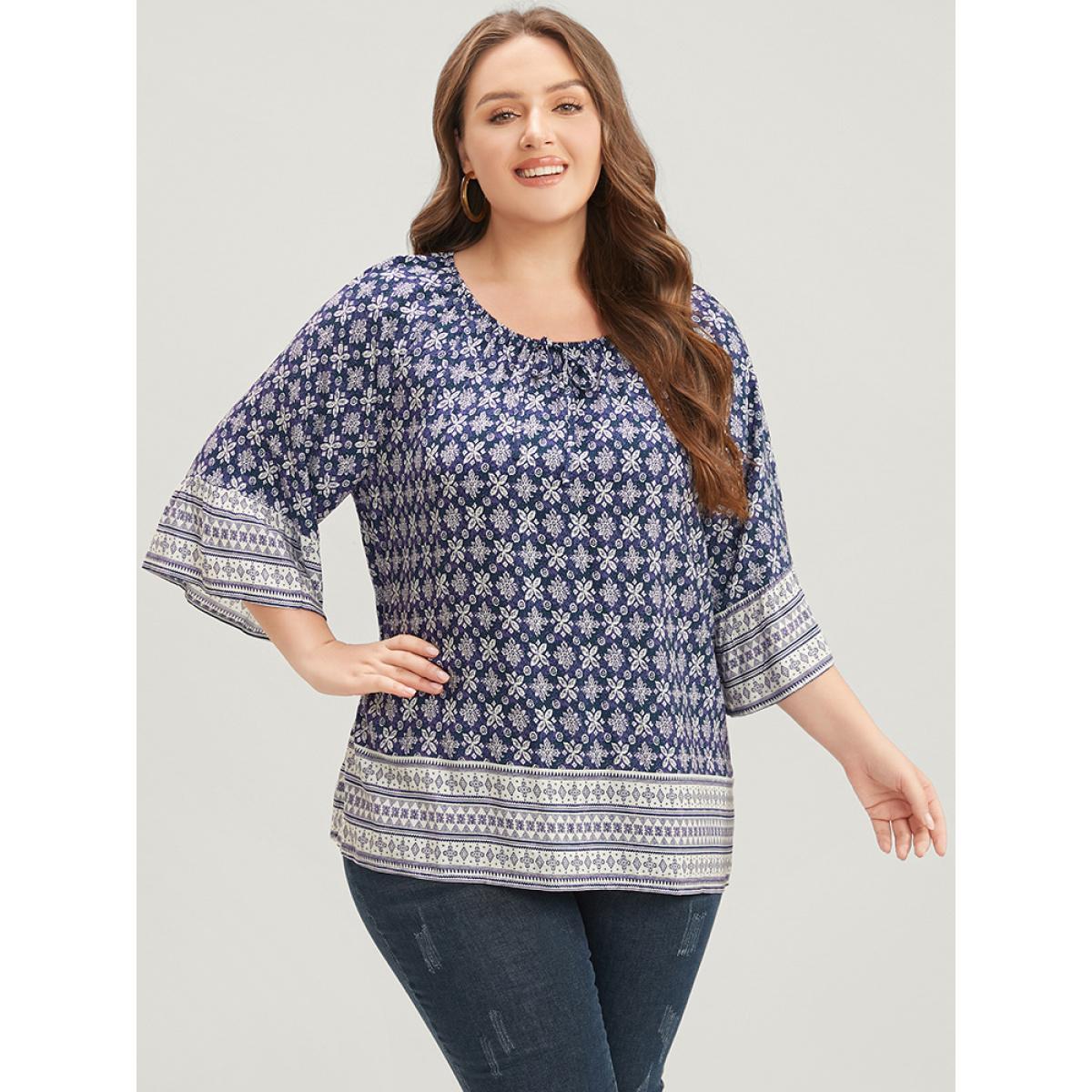 Plus Size Eggplant Floral Print Bell Sleeve Knotted Round Neck Blouse Women Vacation Elbow-length sleeve Round Neck Dailywear Blouses BloomChic 12/L Product Image