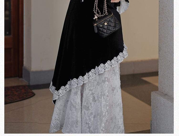 Long Sleeve Stand Collar Plain Lace Trim Midi A-Line Dress Product Image