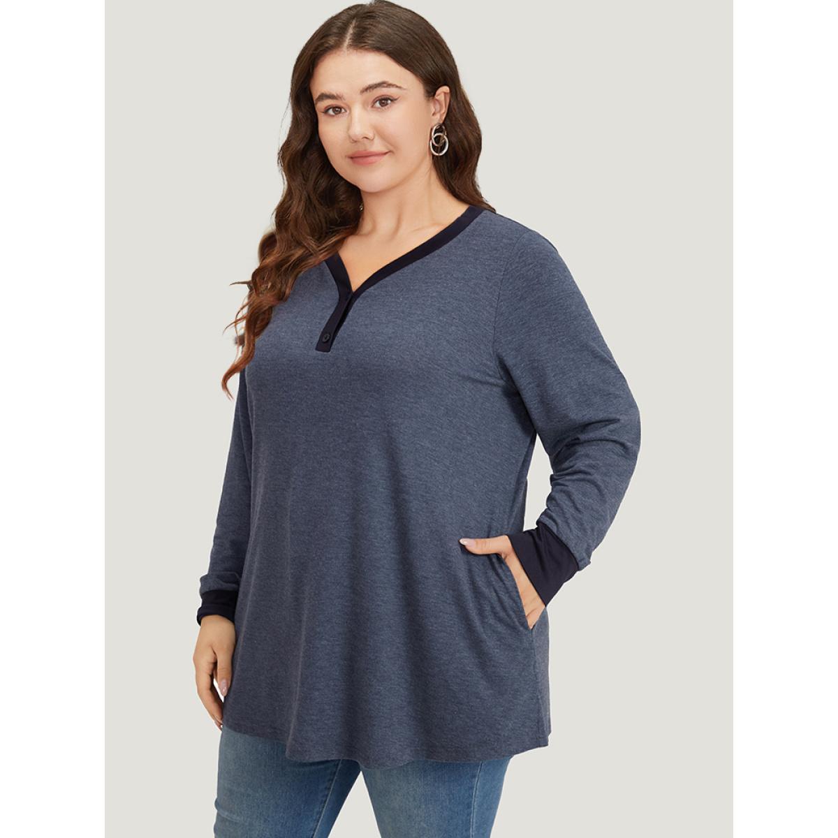 Plus Size V Neck Button Up Contrast Elastic Cuffs Pocket T-shirt Indigo Women Casual Elastic cuffs Plain V-neck Dailywear T-shirts BloomChic 26/4X Product Image