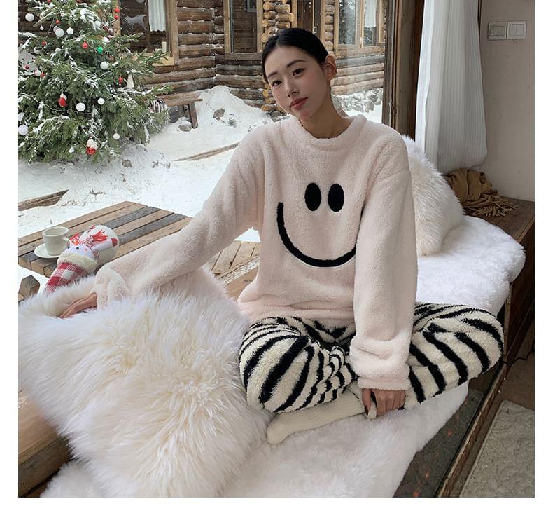 Pajama Set: Smiley Face Sweatshirt + Striped Pants Product Image