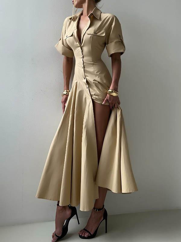 Short Sleeves Buttoned Solid Color Lapel Maxi Dresses Shirt Dress Product Image