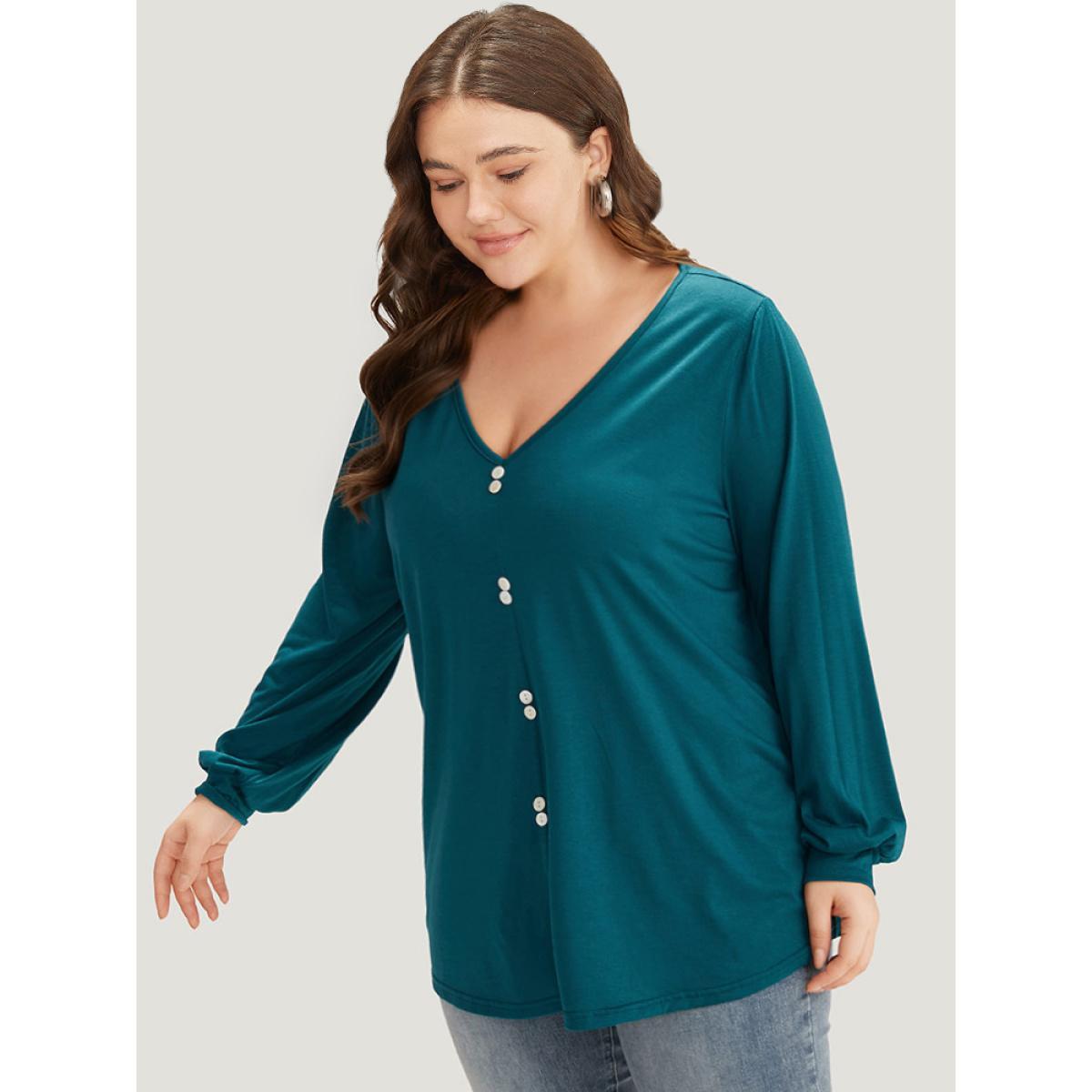 Plus Size Plain Button Detail V Neck Elastic Cuffs T-shirt Cyan Women Casual Elastic cuffs Plain V-neck Dailywear T-shirts BloomChic 22-24/3X Product Image