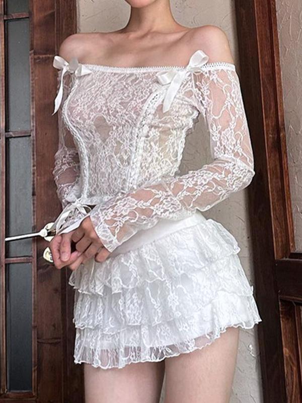 Lace Off Shoulder Tie Front Long Sleeve Tee & Tiered Skirt Set Product Image
