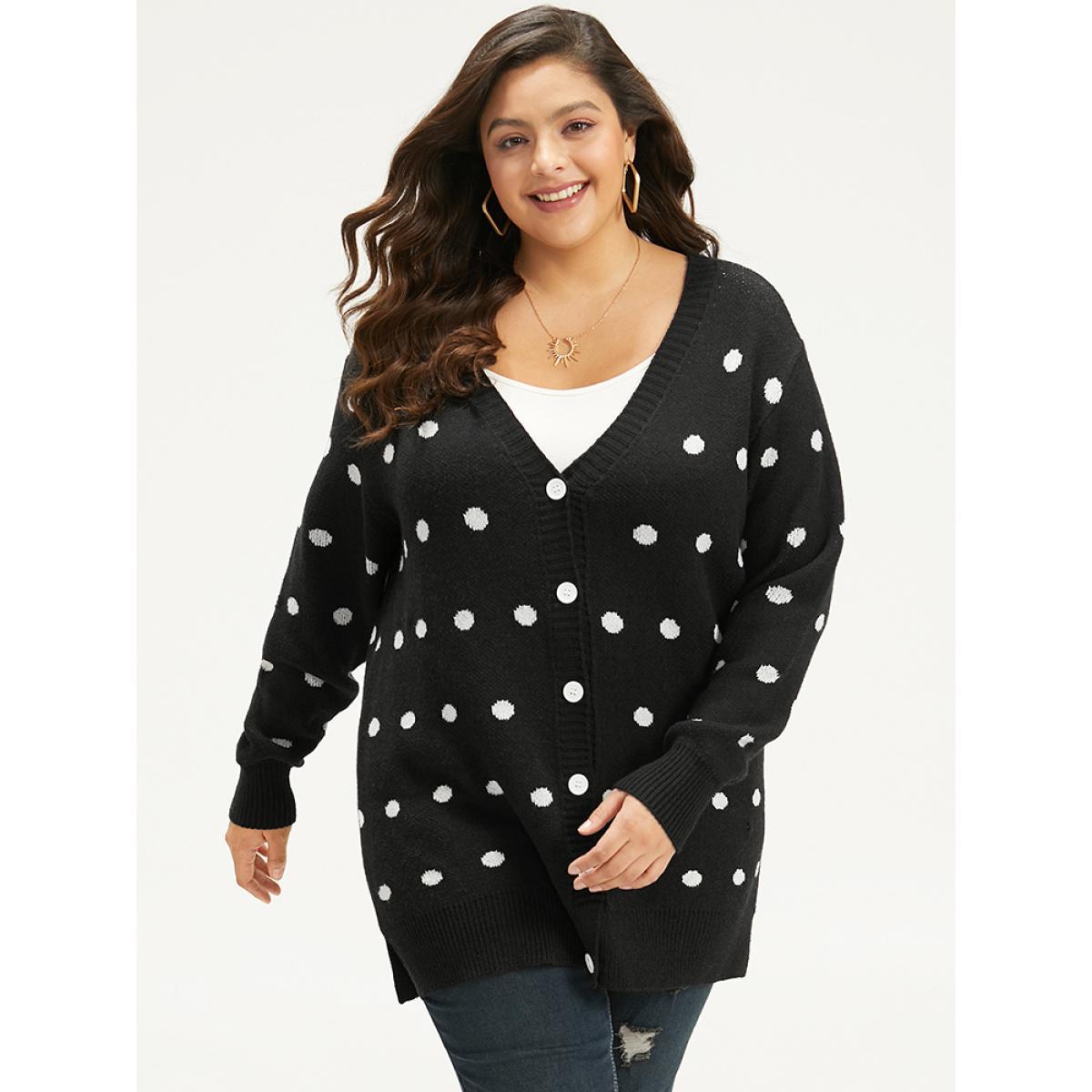 Plus Size Supersoft Essentials Polka Dot Split Side Cardigan Black Women Casual Loose Long Sleeve Dailywear Cardigans BloomChic 28/5X Product Image