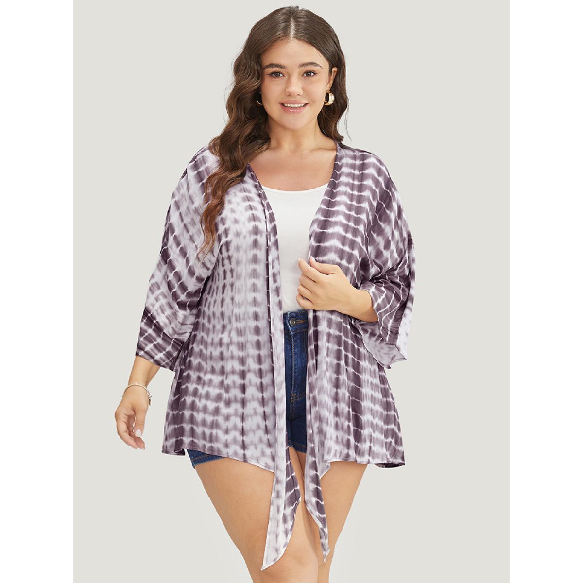 Plus Size Tie Dye Open Front Batwing Sleeve Knotted Hem Kimono Women Heather Vacation Tie Dye Loose Dailywear Kimonos BloomChic 12/L Product Image