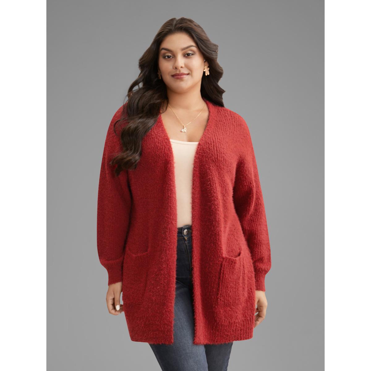 Plus Size Mink-Hair Feel Pockets Open Front Cardigan Scarlet Women Casual Loose Long Sleeve Everyday Cardigans BloomChic 22-24/3X Product Image