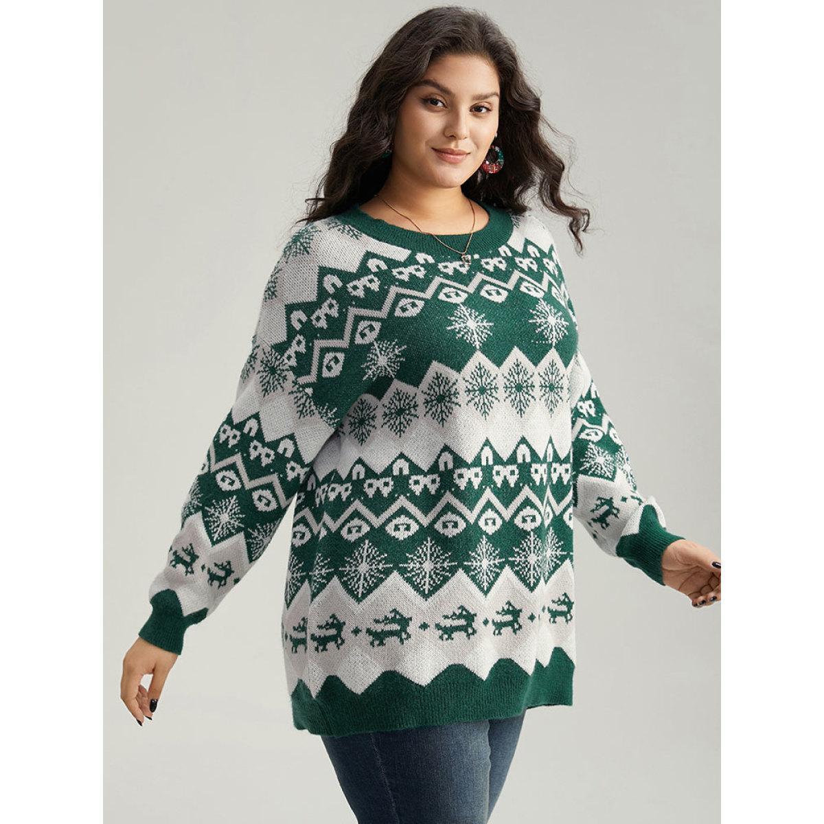 Plus Size Anti-Pilling Christmas Crew Neck Pullover DarkGreen Women Casual Long Sleeve Round Neck Festival-Christmas Pullovers BloomChic 28/5X Product Image