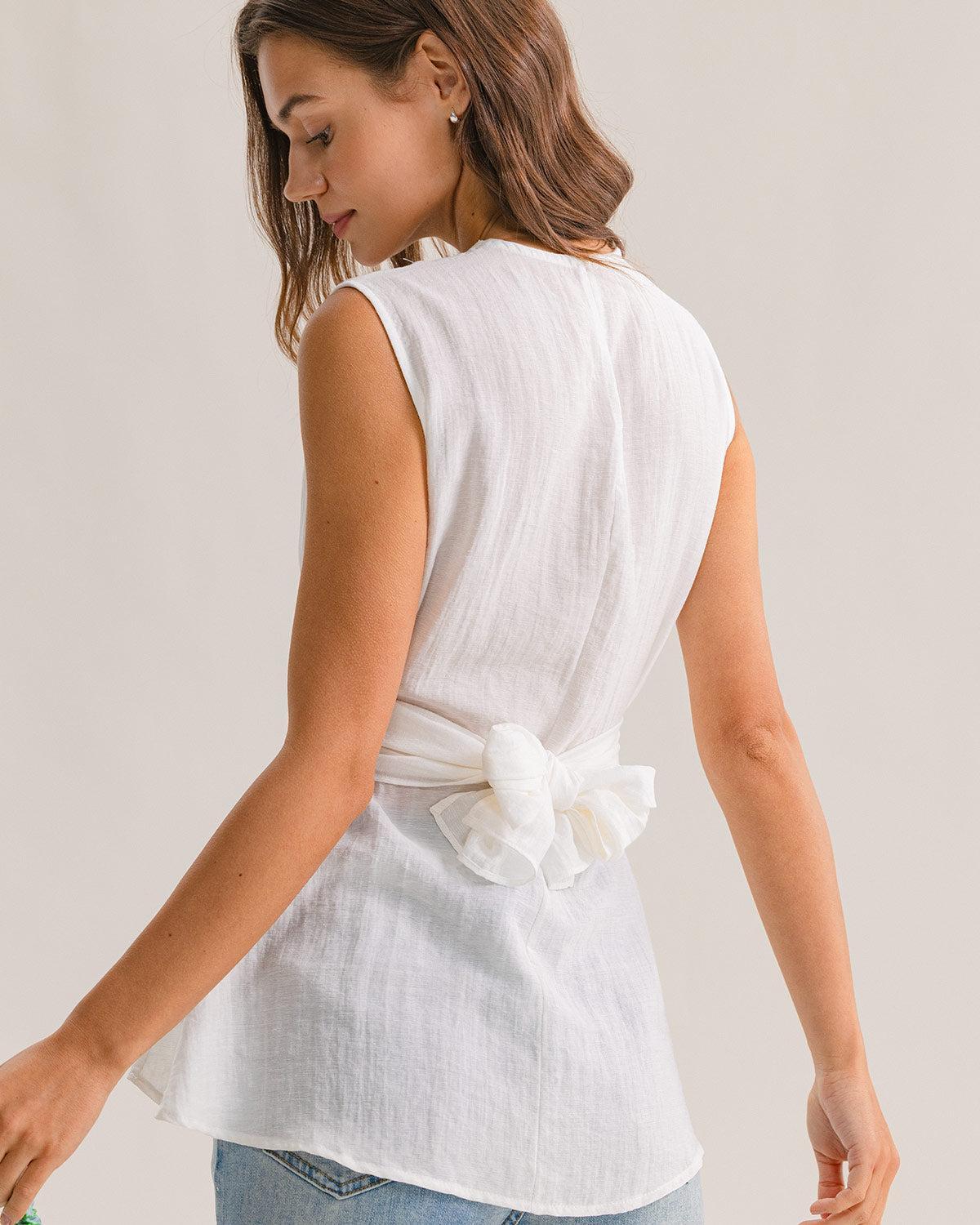 White Round Neck Tie-back Tank Top Product Image