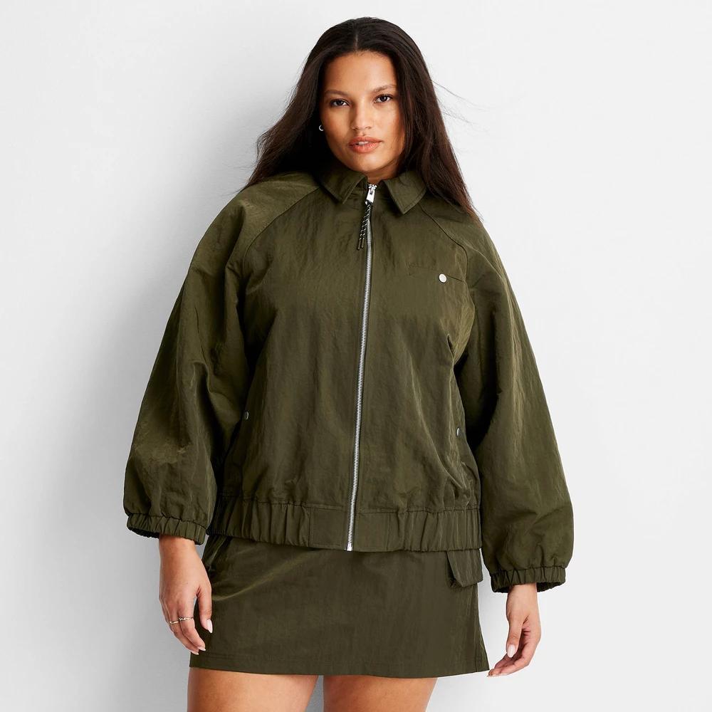 Womens Oversized Bomber Jacket - Future Collective Dark Olive L: Elastic Cuffs, 3 Pockets Product Image