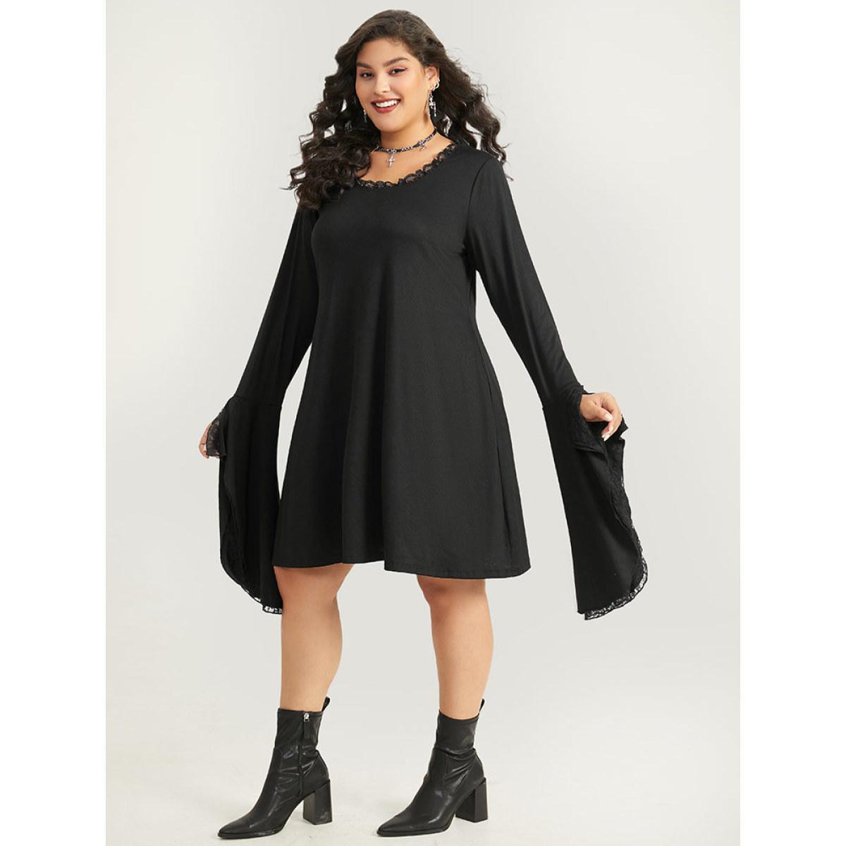 Plus Size Halloween Crochet Lace Round Neck Bell Sleeve Dress Black Women Casual Plain Round Neck Long Sleeve Curvy Knee Dress BloomChic 28/5X Product Image
