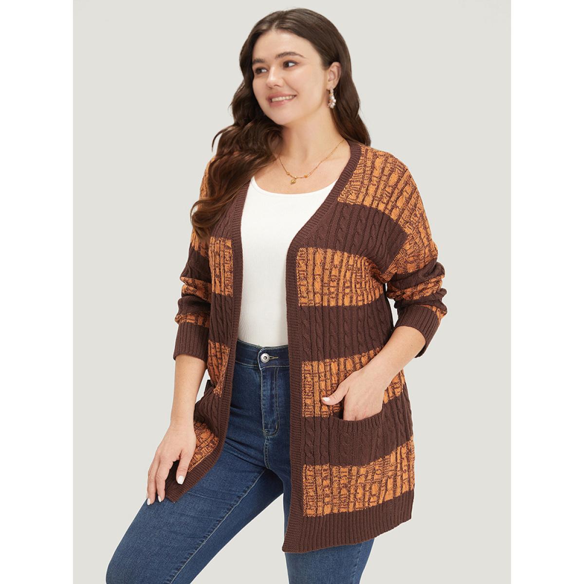 Plus Size Halloween Colorblock Cable Knit Patched Pocket Cardigan Chocolate Women Casual Loose Long Sleeve Festival-Halloween Cardigans BloomChic 26/4X Product Image