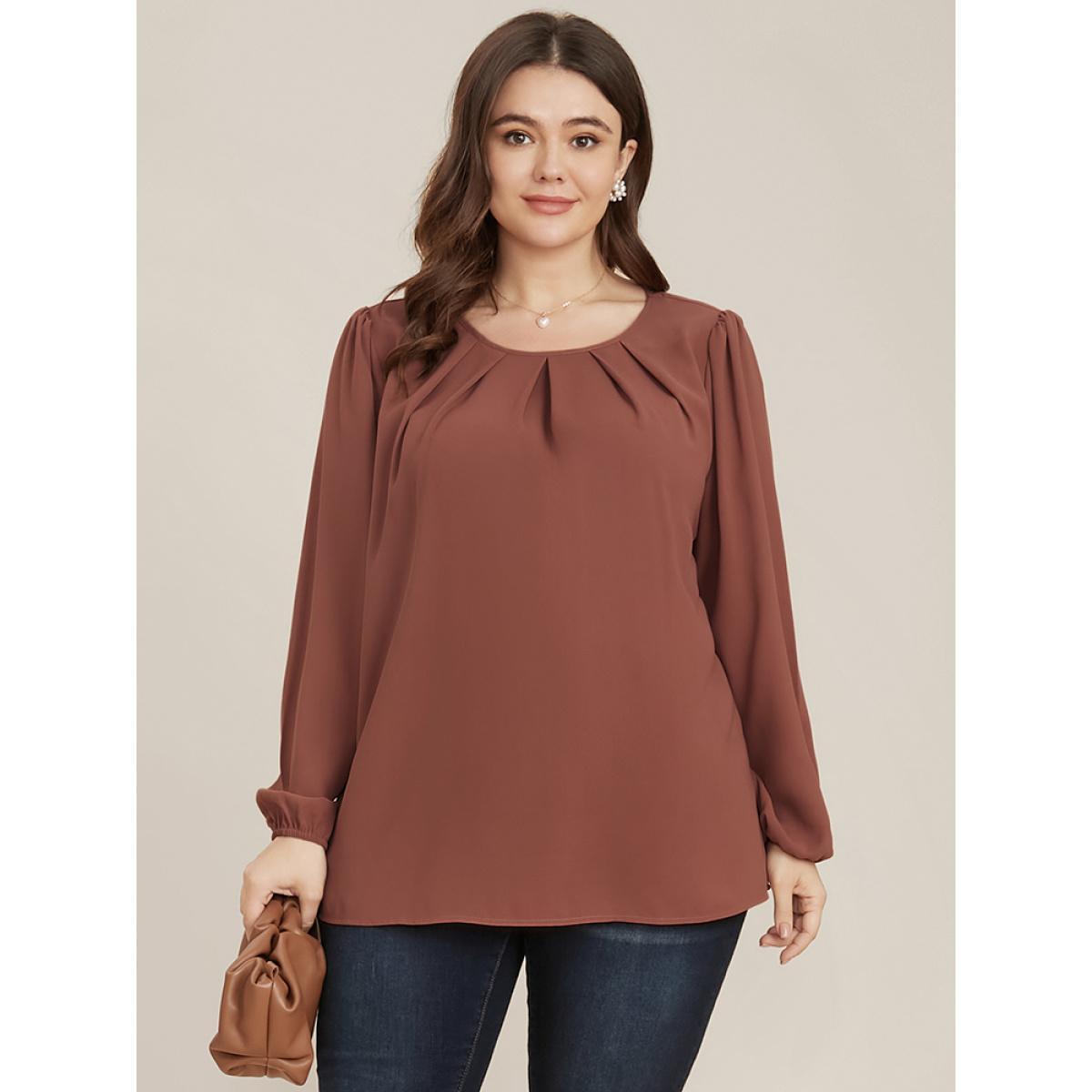 Plus Size DustyPink Solid Round Neck Pleated Lantern Sleeve Blouse Women Elegant Long Sleeve Round Neck Dailywear Blouses BloomChic 12/L Product Image