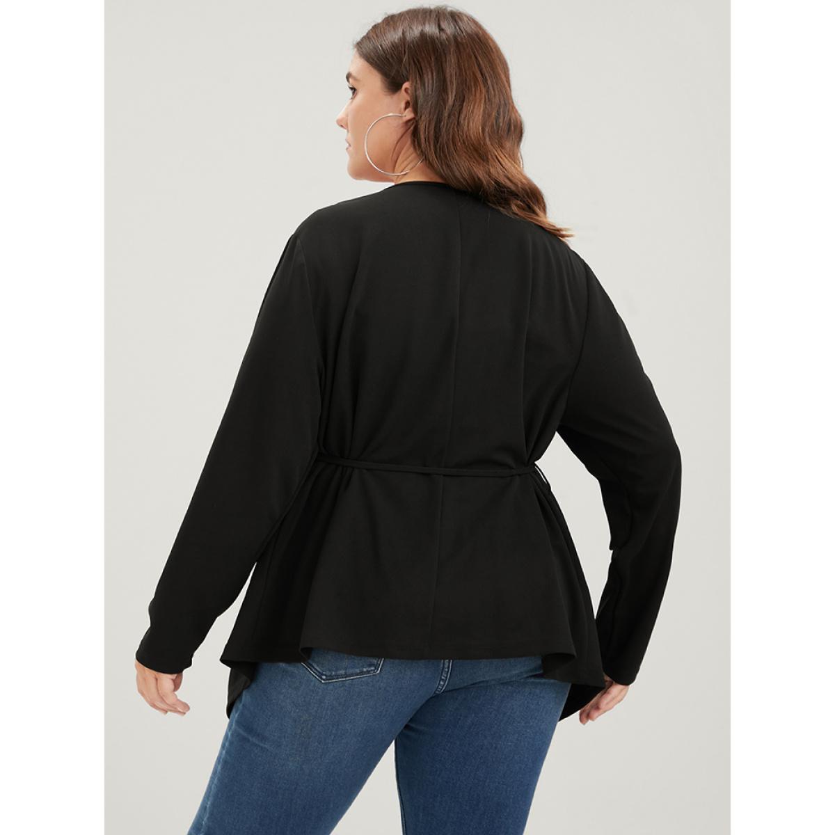 Plus Size Plain Asymmetrical Hem Waterfall Collar Ties Coat Women Black Elegant Belted Loose Ladies Dailywear Winter Coats BloomChic 14-16/1X Product Image