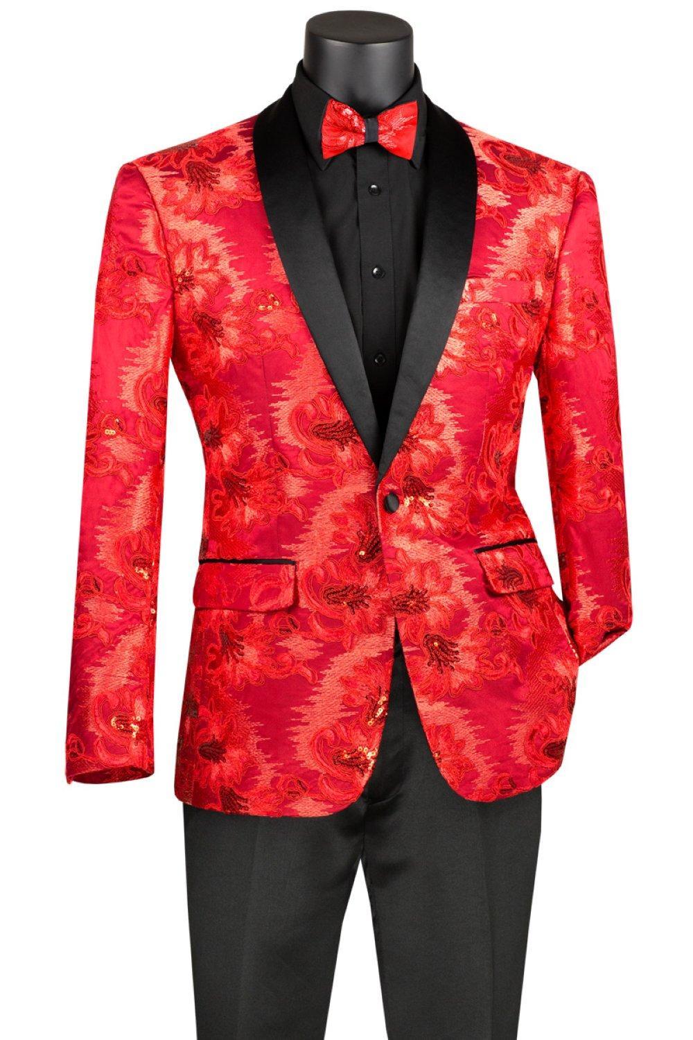 Red Embroidery Slim Fit Jacket Shawl Lapel with Bow Tie Product Image