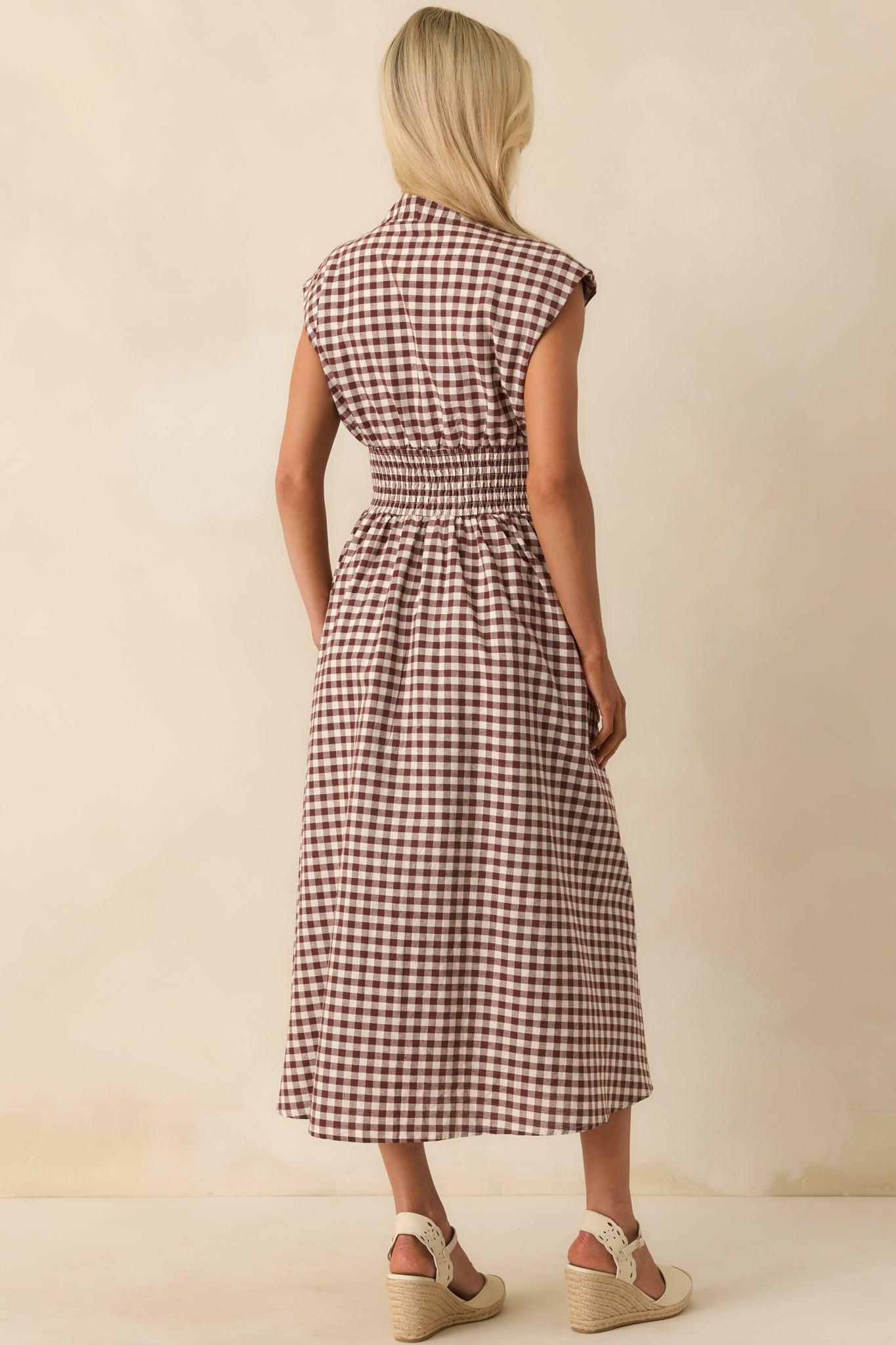 The Evette Brown Gingham Cotton Zip Front Midi Dress Product Image