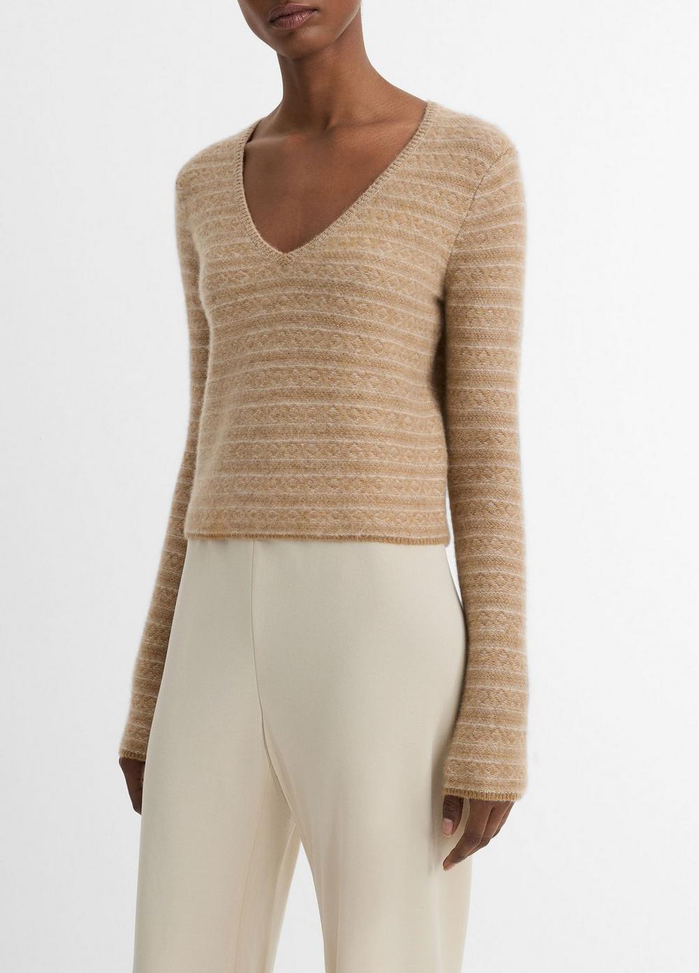 Womens Fair Isle Cashmere V-Neck Sweater, Medium Heather Grey Combo, Size XL Vince Product Image