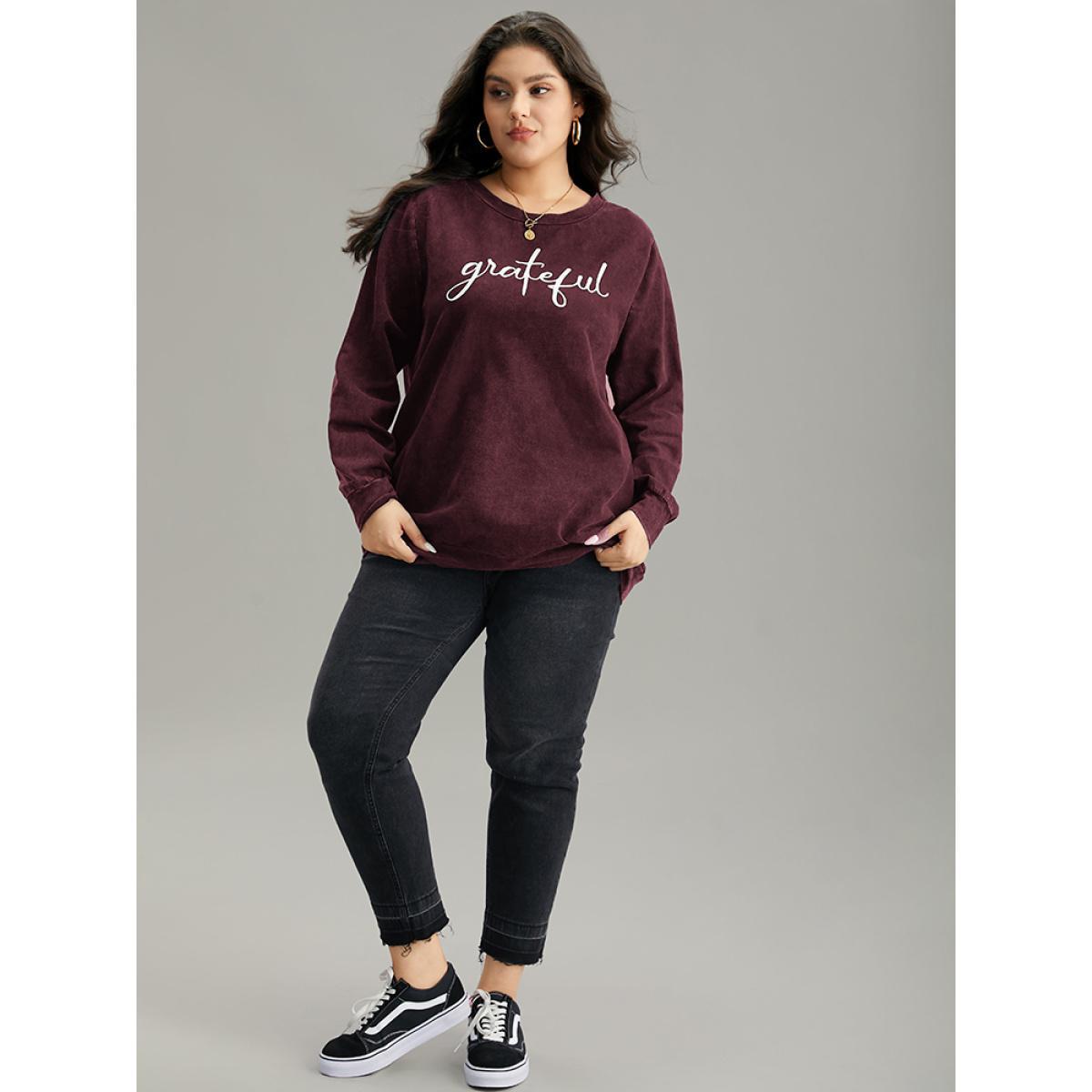 Plus Size Solid Letter Print Crew Neck Sweatshirt Women Burgundy Casual Printed Dailywear Sweatshirts BloomChic 10/M Product Image