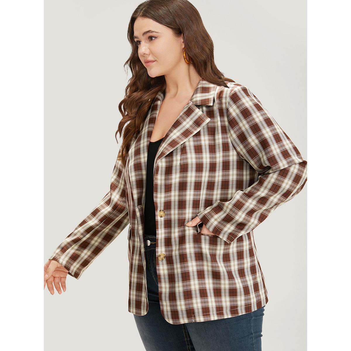 Plus Size Plaid Button Through Flap Pocket Blazer Bronze Women Dailywear Plaid Button Sleeve Long Sleeve Suit Collar 22-24/3X Pocket Casual Blazers BloomChic Product Image