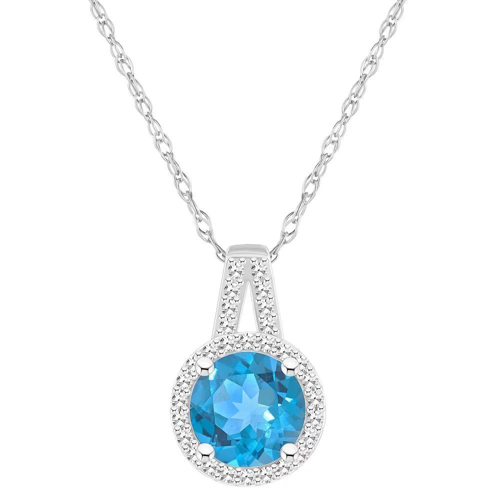 Celebration Gems Sterling Silver 7 mm Round Gemstone & 1/8 Carat T.W. Diamond Halo Pendant Necklace, Women's, Size: 18", Blue Topaz Product Image